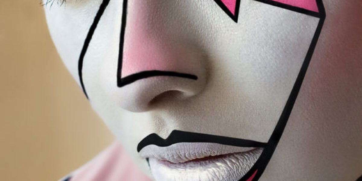 64334856 - beautiful girl model with creative graphic face art, pink and blue triangles, black lines on white face, closeup portrait